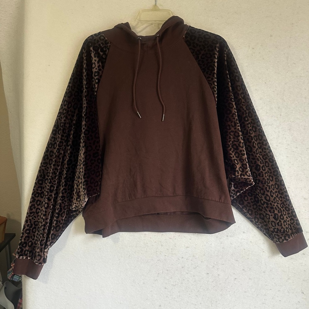 Victoria Sport Brown Leopard Velvet Batwing Sleeve Hoodie Sweatshirt Large